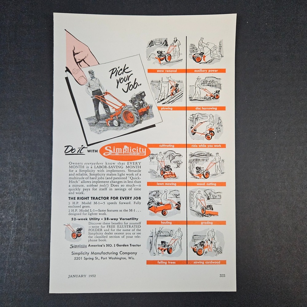 1952 Simplicity Mfg Co Garden Tractors Vintage Print Ad Port Washington WI Shop